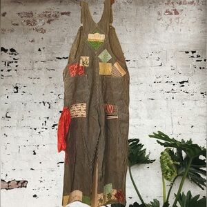 Upcycled gardener farmer patched railroad striped dickies bib overalls